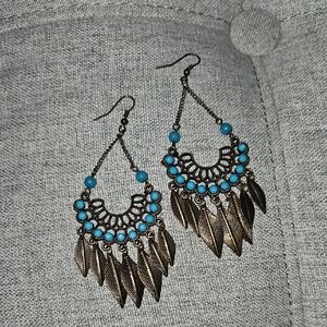 Bohemian Turquoise and Gold Tone Dangle Earrings